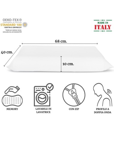 Cuscino Memory Lavabile Cervicale DOPPIA ONDA, 100% Viscolattice Memory, con federa in tessuto con cerniera, Bianco