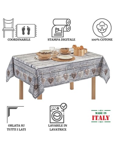 Mantel de algodón cuadrado e impresión digital rectangular CUORI APPESI